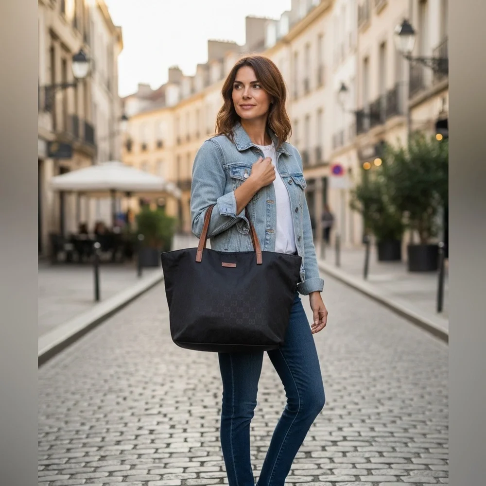 Authentic Gucci Black Nylon Tote Bag with brown leather shoulder straps. - Picture 12 of 12